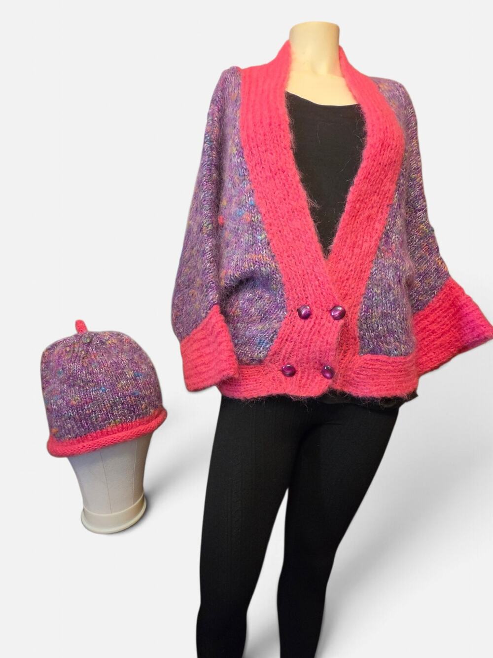 Vintage 1980s Handmade Mohair Sweater Hat Set Oversized Batwing Pink Purple
